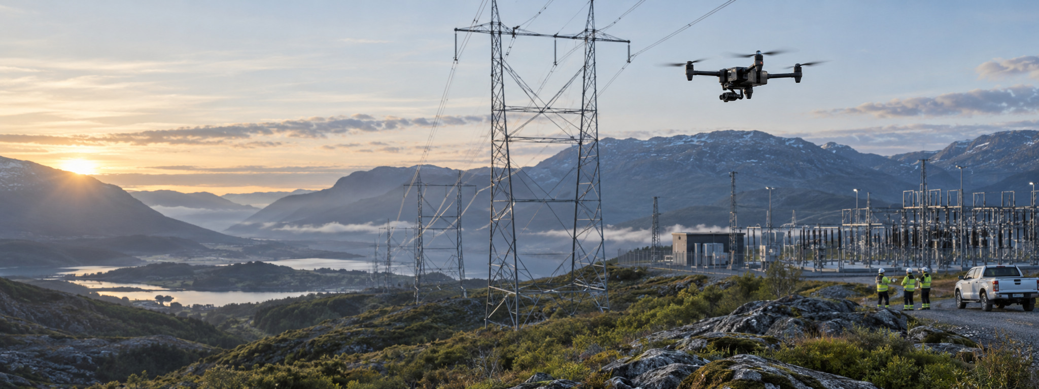 Drone inspecting power transmission lines and an electrical substation in a mountainous landscape at sunrise.