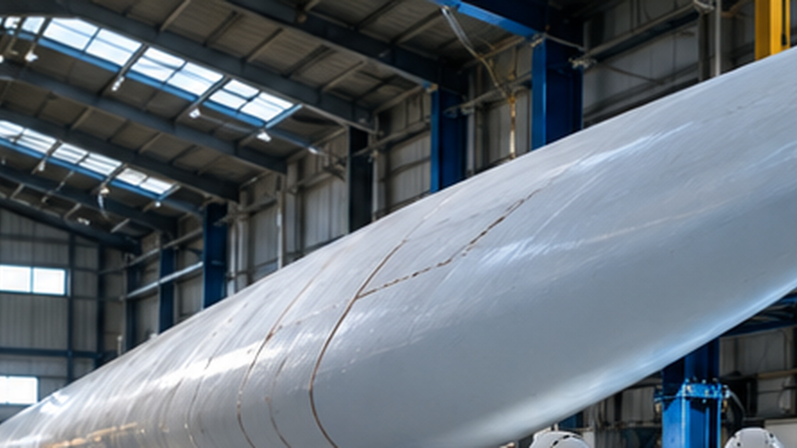 Wind turbine blade supported inside a large industrial maintenance hangar, showing the physical repair environment behind inspection and maintenance records.