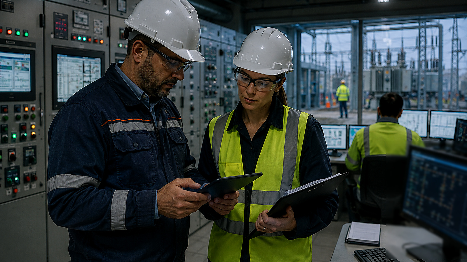 Utility operations and maintenance specialists reviewing incident information in a substation control room, with high-voltage equipment visible outside.