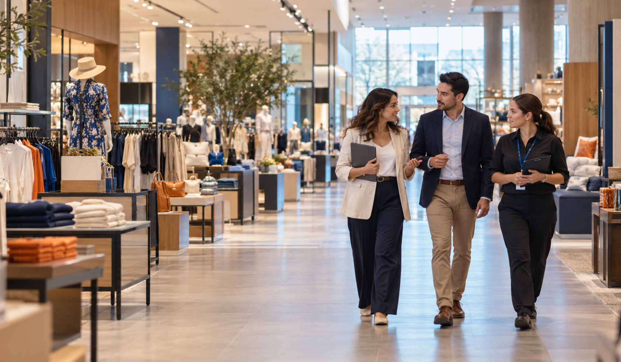 Interdisciplinary retail team walking through a modern department store before opening.