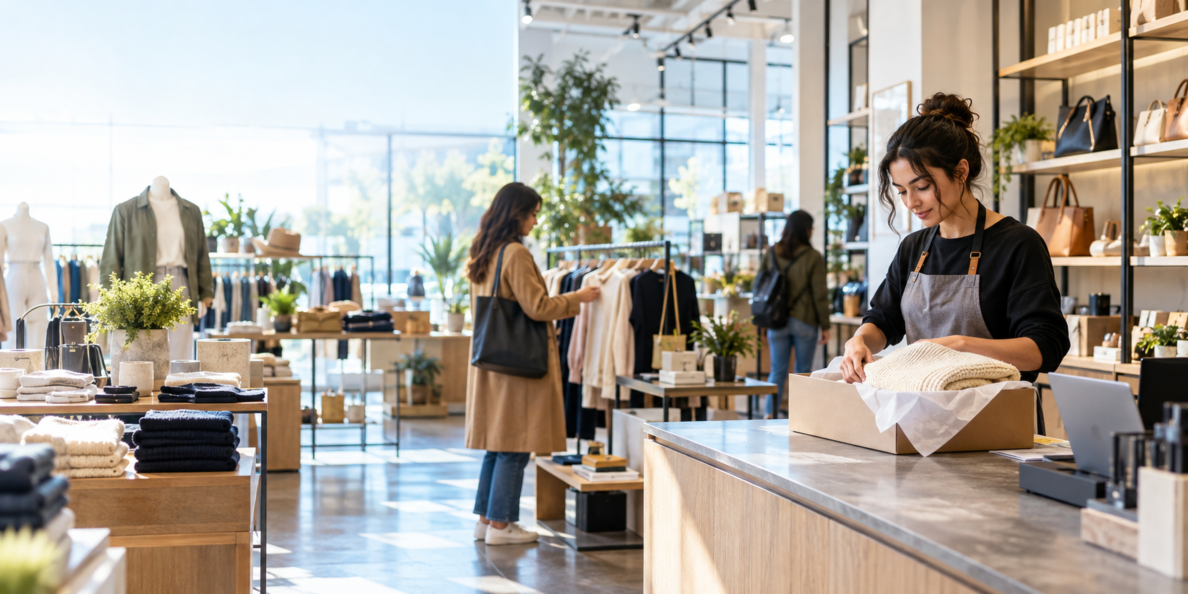 Store associate packs an online order while customers browse a modern retail store.