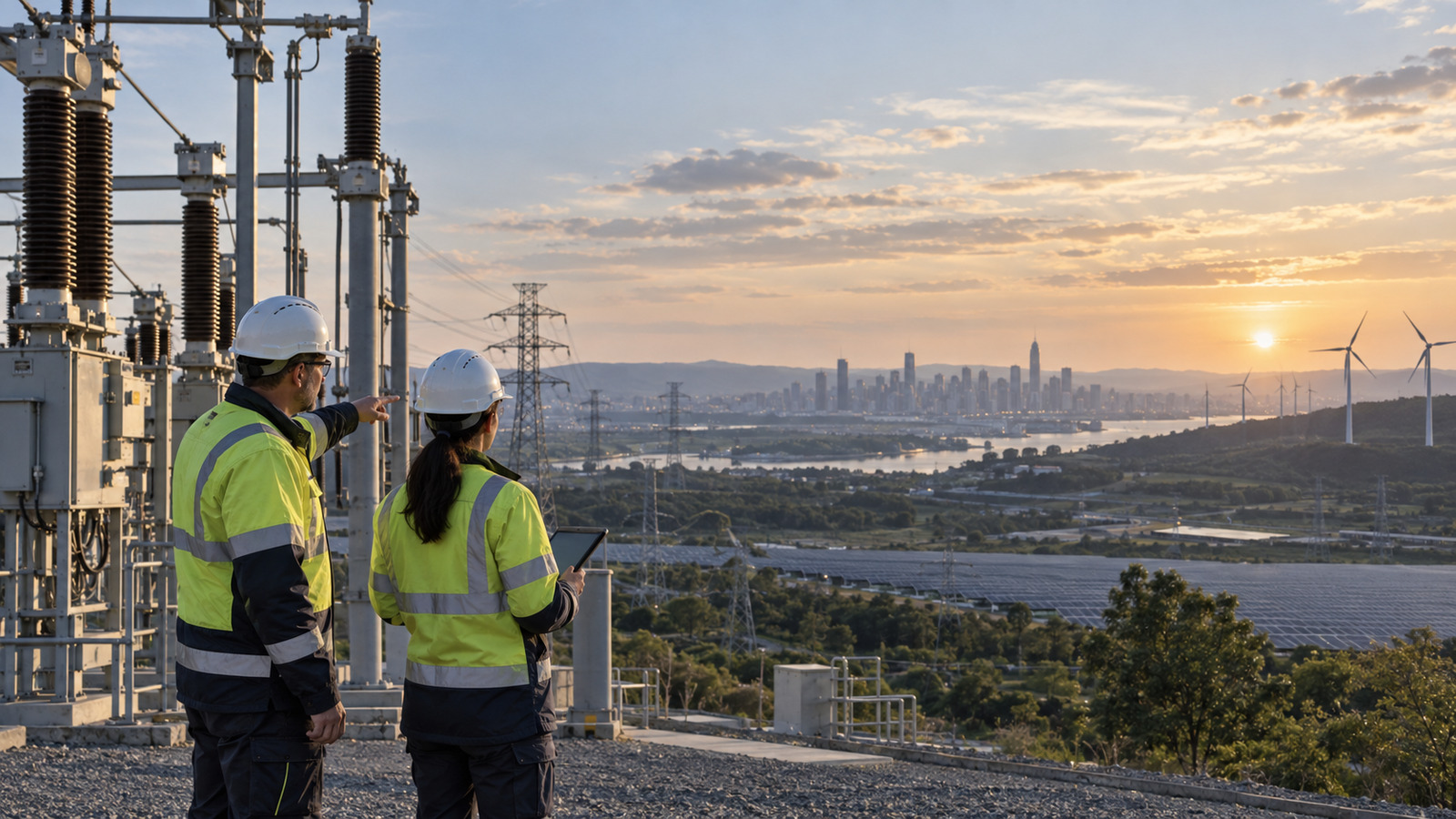 Engineers inspect a live distribution substation as renewable generation and urban power infrastructure extend across the landscape.