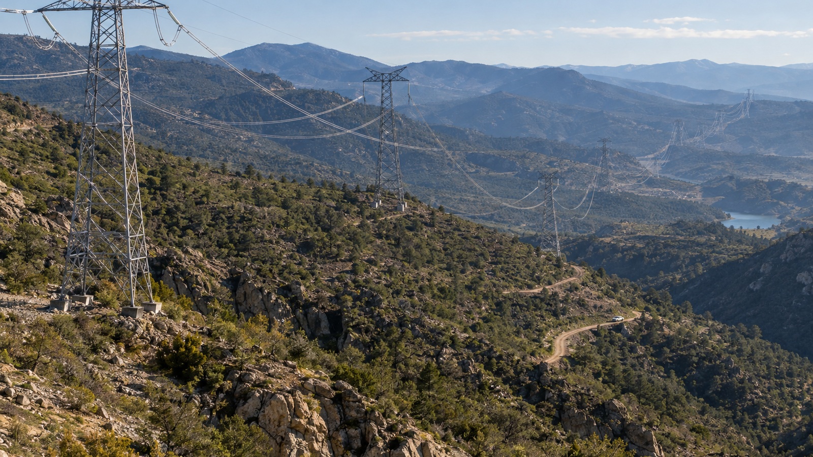 High-voltage transmission towers cross a mountainous, vegetation-rich utility corridor, showing the geographic scale of power-network vegetation management.