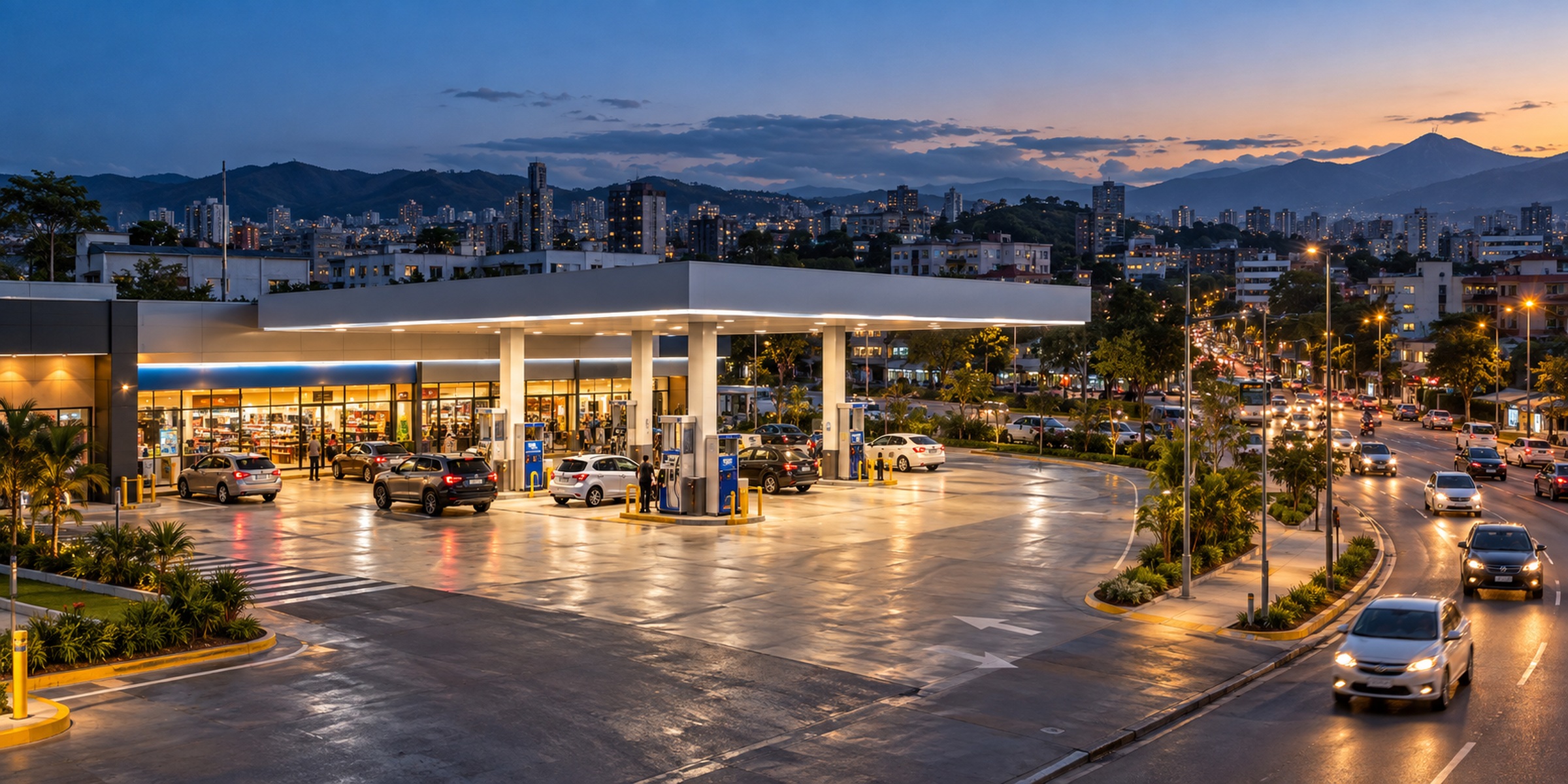 Elevated evening view of a busy fuel and convenience station beside an urban road in Latin America.