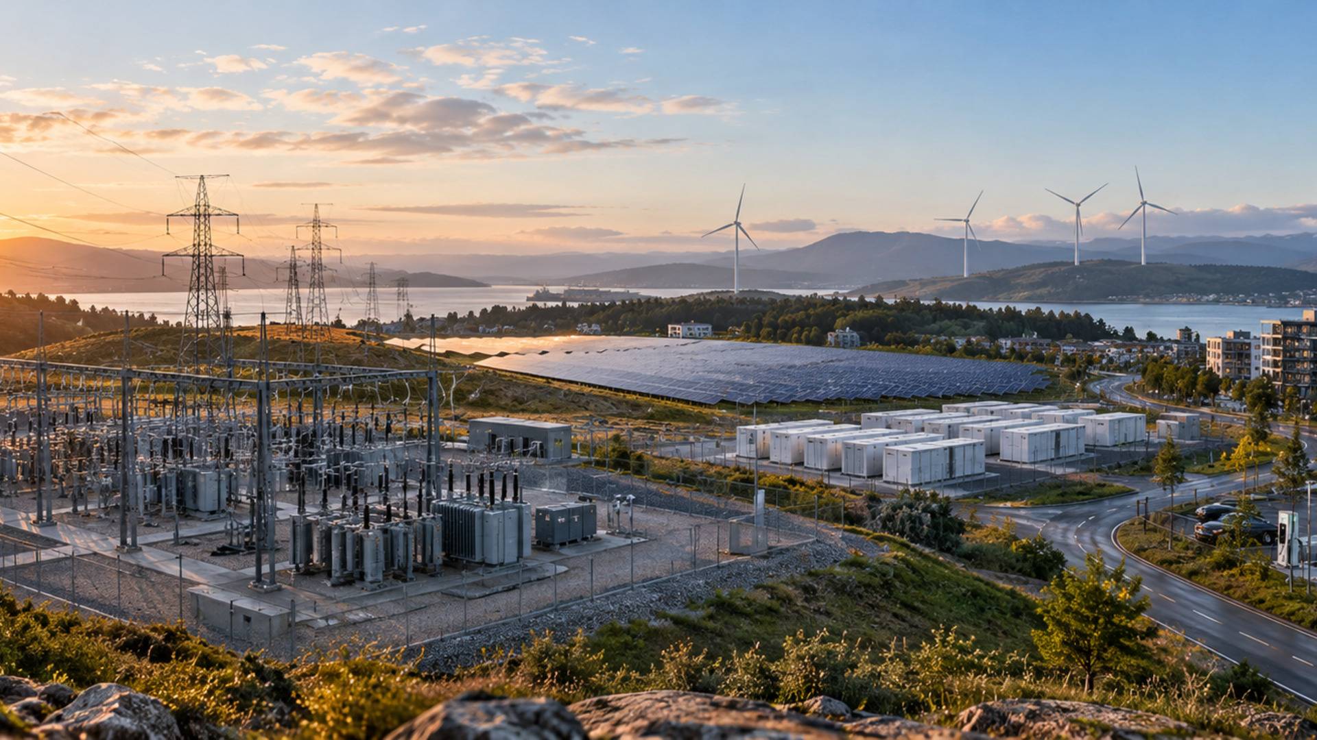 Electrical substation connected across a landscape of solar panels, battery storage, wind turbines, transmission lines and an urban district at sunrise.