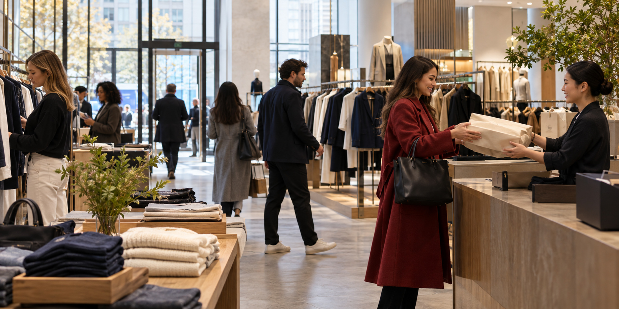 A customer receives a packaged fashion order from a store associate inside a contemporary clothing store while other shoppers browse.
