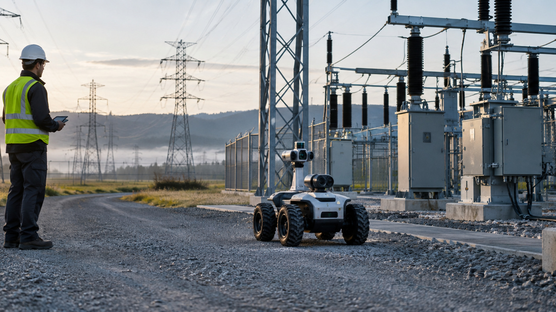 Autonomous inspection robot near utility transmission infrastructure, supporting safer and more resilient field operations in the utilities sector.