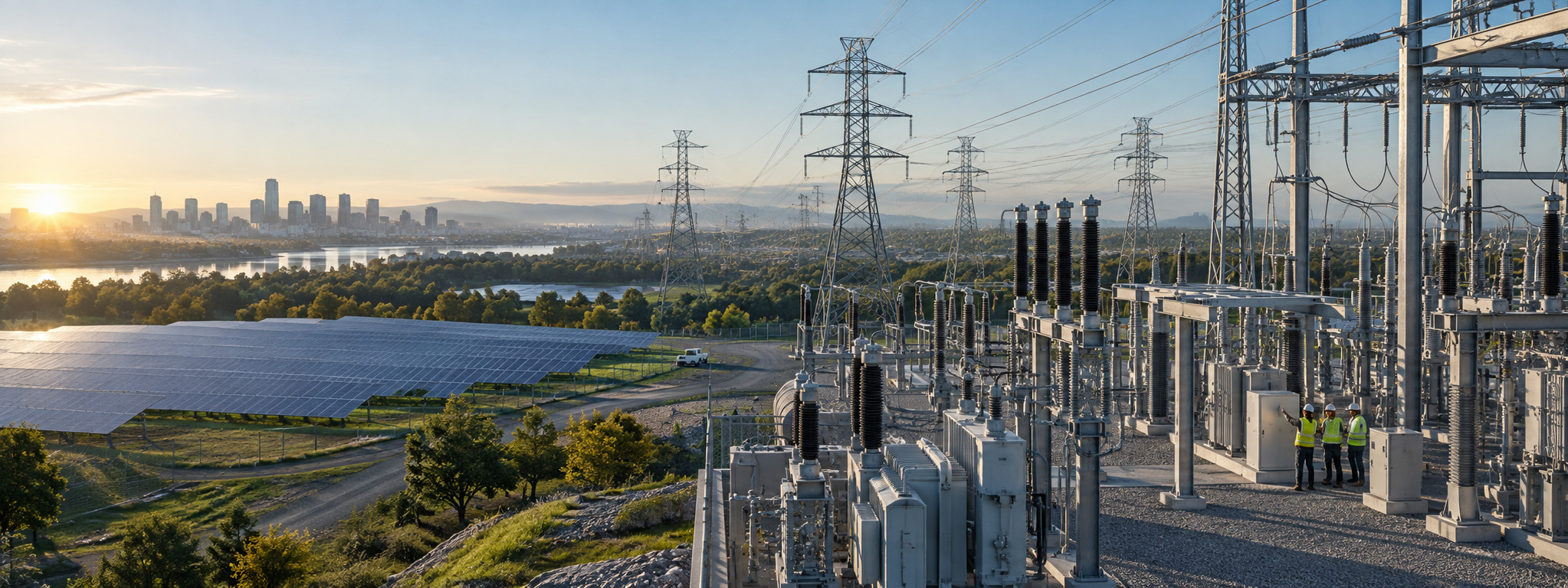 Electrical substation, transmission lines and solar generation connected across a modern utility landscape at sunrise.