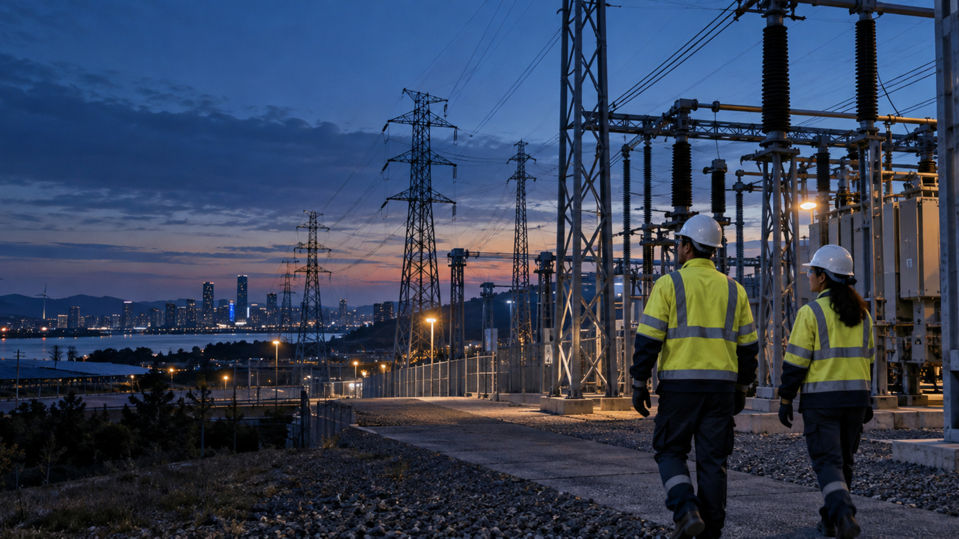 Two utility engineers walk through a high-voltage substation at blue hour, with transmission infrastructure, a city, solar panels and wind turbines in view.