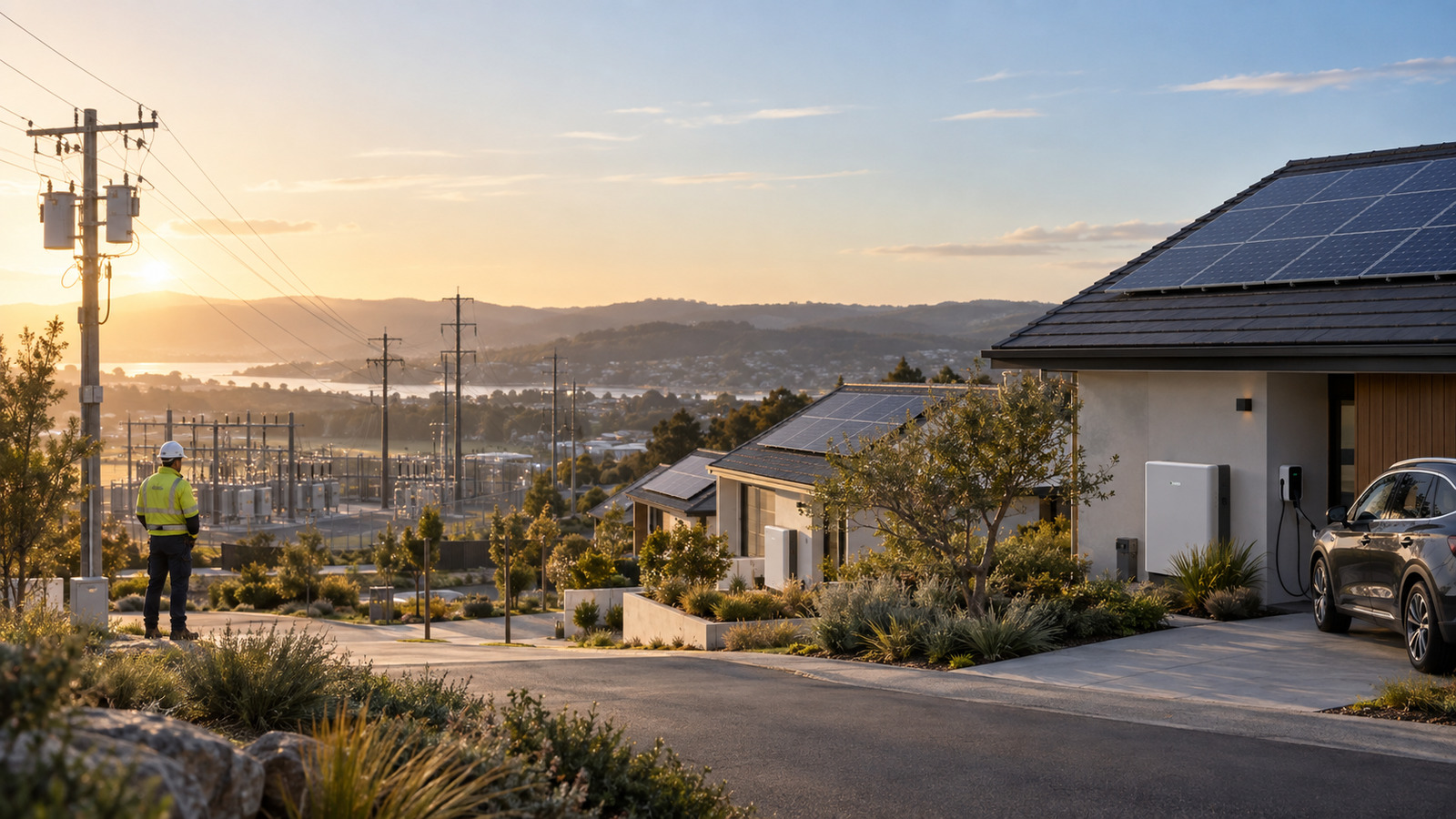A residential energy community with rooftop solar, home batteries and utility distribution infrastructure at sunrise.