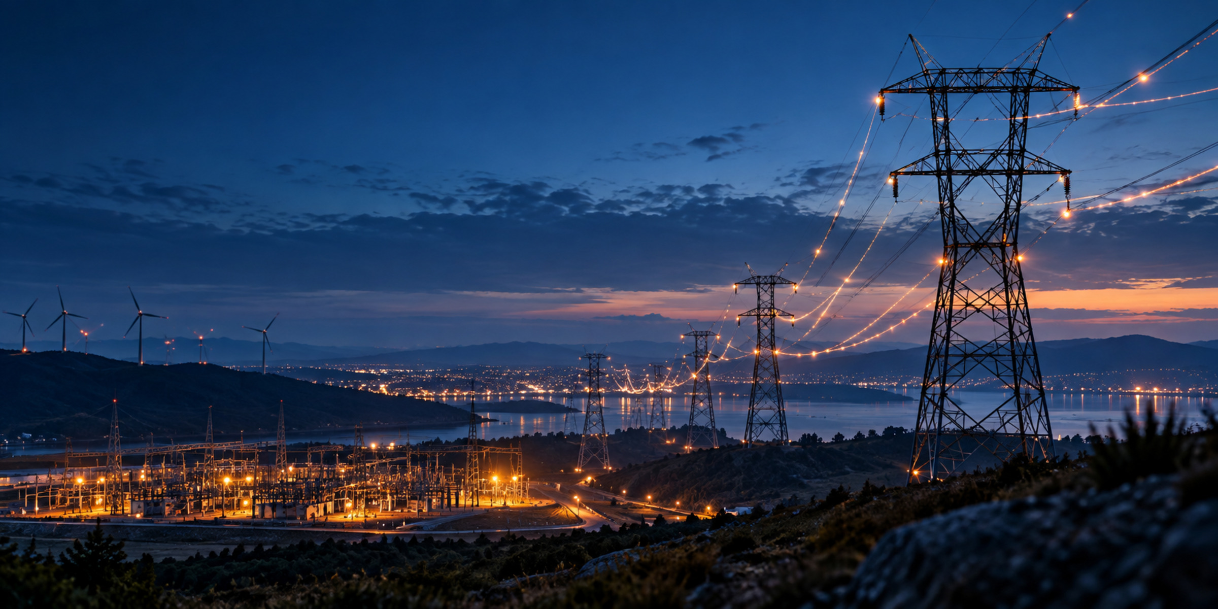 Transmission grid and substation at blue hour, with wind turbines and illuminated power lines across a mountainous utility landscape.
