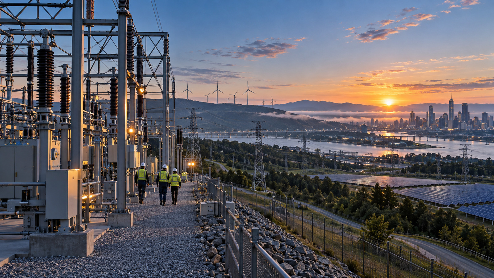 Utility field engineers walk through a high-voltage substation overlooking wind, solar and urban electricity infrastructure at sunrise.