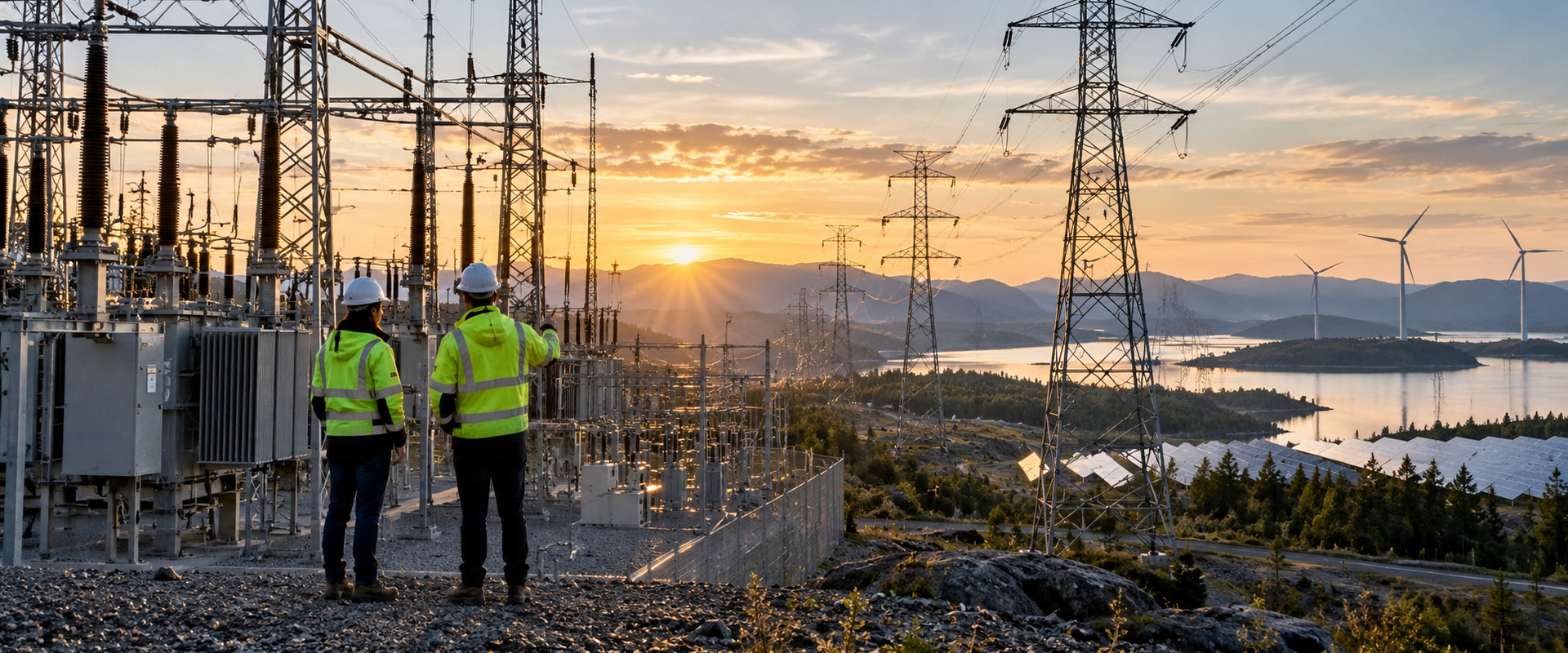 Engineers inspect electricity infrastructure at sunrise, with substations, power lines and renewable generation suggesting connected utility operations.