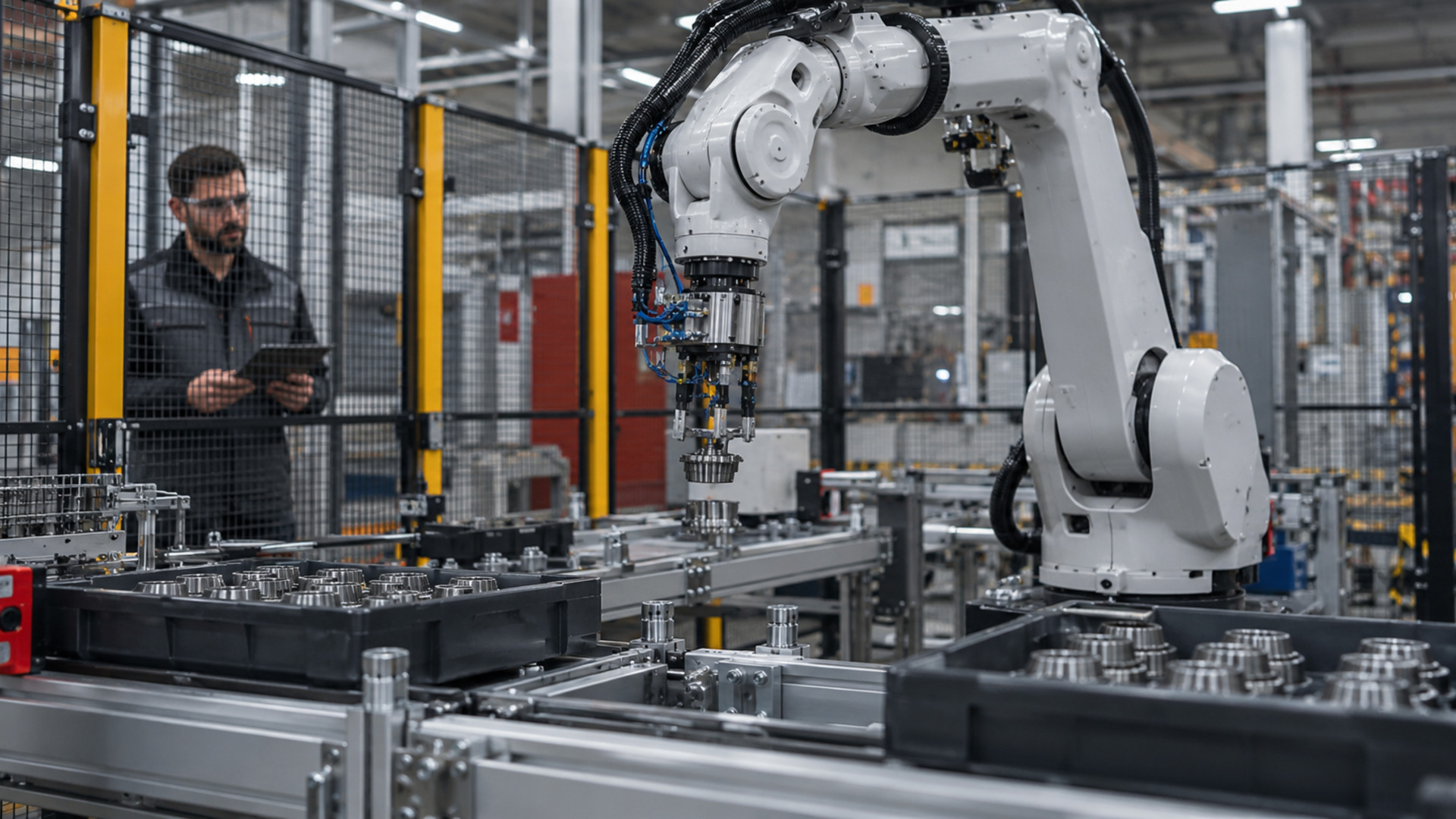 Articulated robot arm performs a pick-and-place task in a fenced manufacturing cell while an engineer observes from a safe distance.