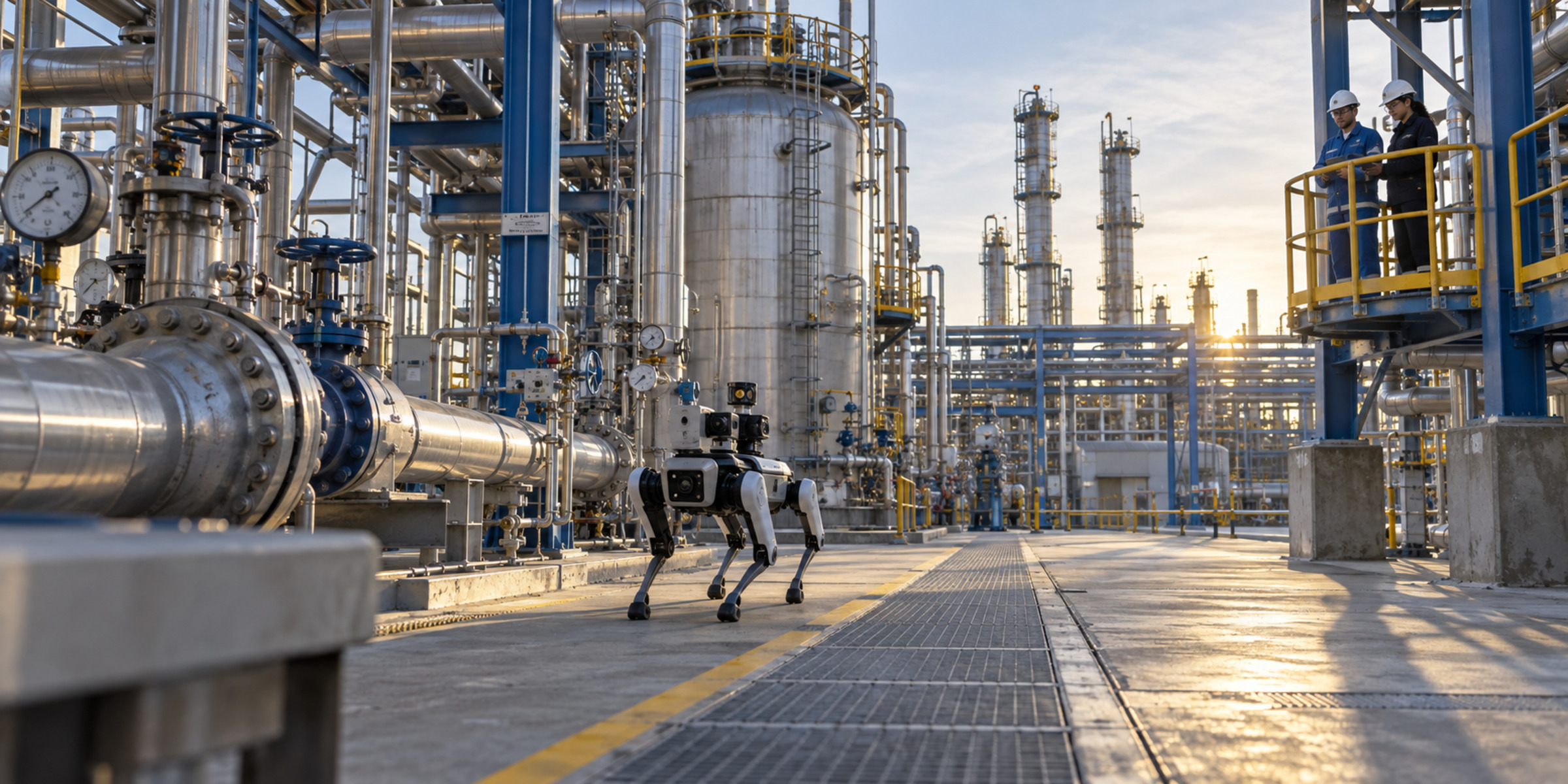 Quadruped inspection robot moving through a chemical processing plant with pipe racks, vessels and two workers observing from a safe platform.