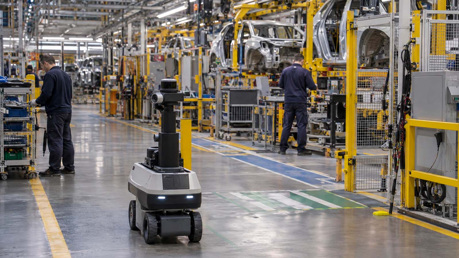 Autonomous patrol robot moving through a vehicle assembly building while workers operate across separate production areas.