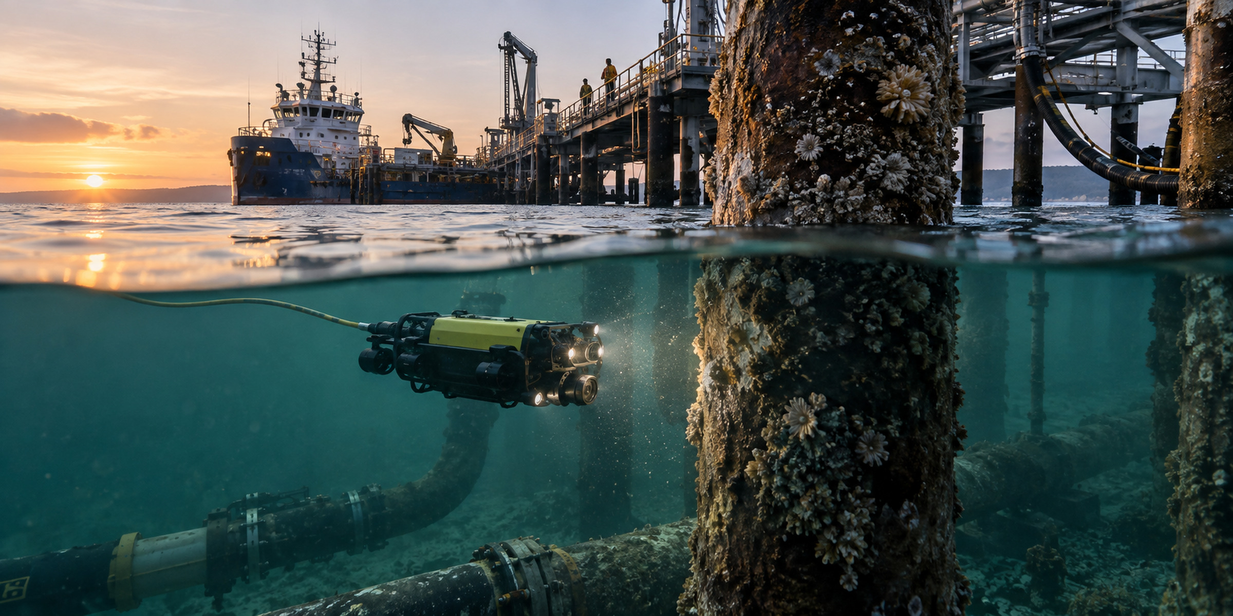 Split-level view of a compact autonomous underwater vehicle inspecting marine utility piles and subsea connections beneath a coastal energy terminal.