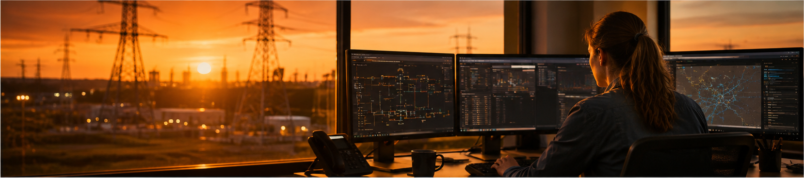 Utility operations specialist monitoring real-time grid conditions, network performance and operational data from a modern control room overlooking high-voltage infrastructure, supporting faster, better-informed and more resilient utility decisions.