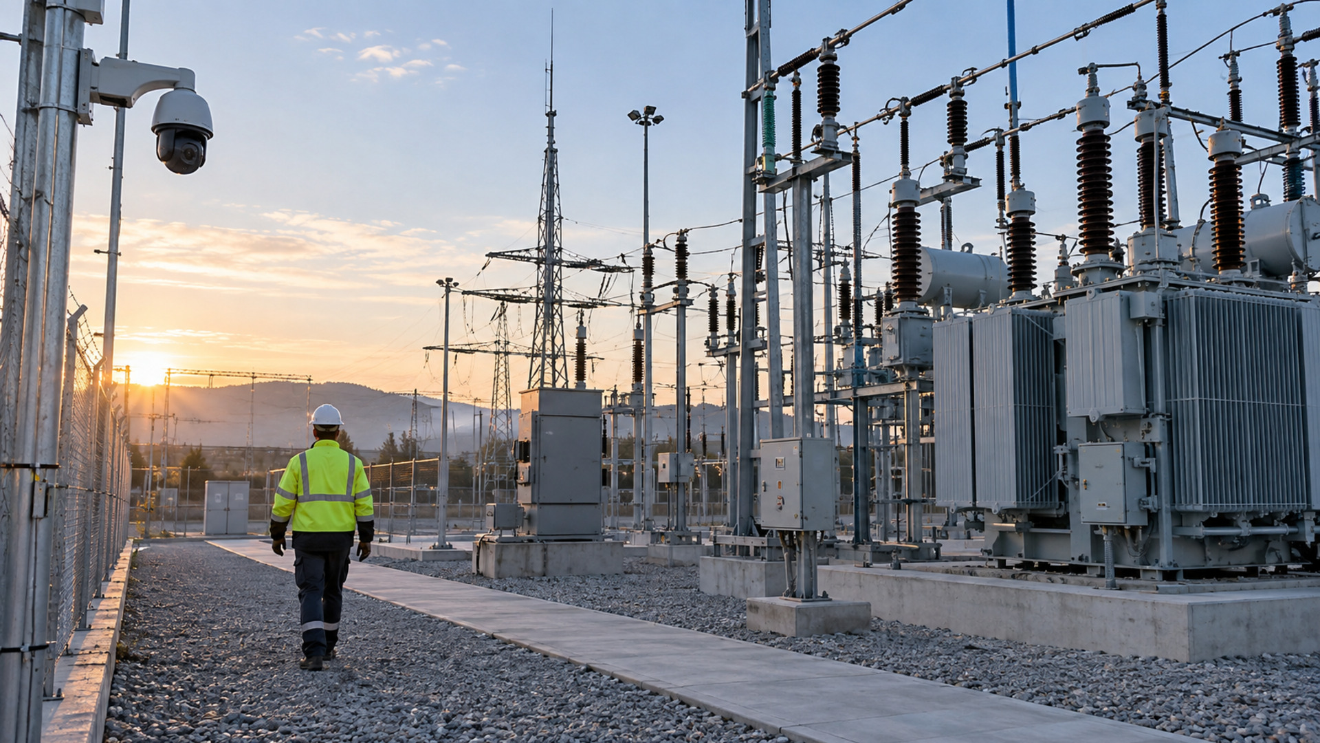 Utility technician walking through an electrical substation monitored by fixed cameras at dawn.