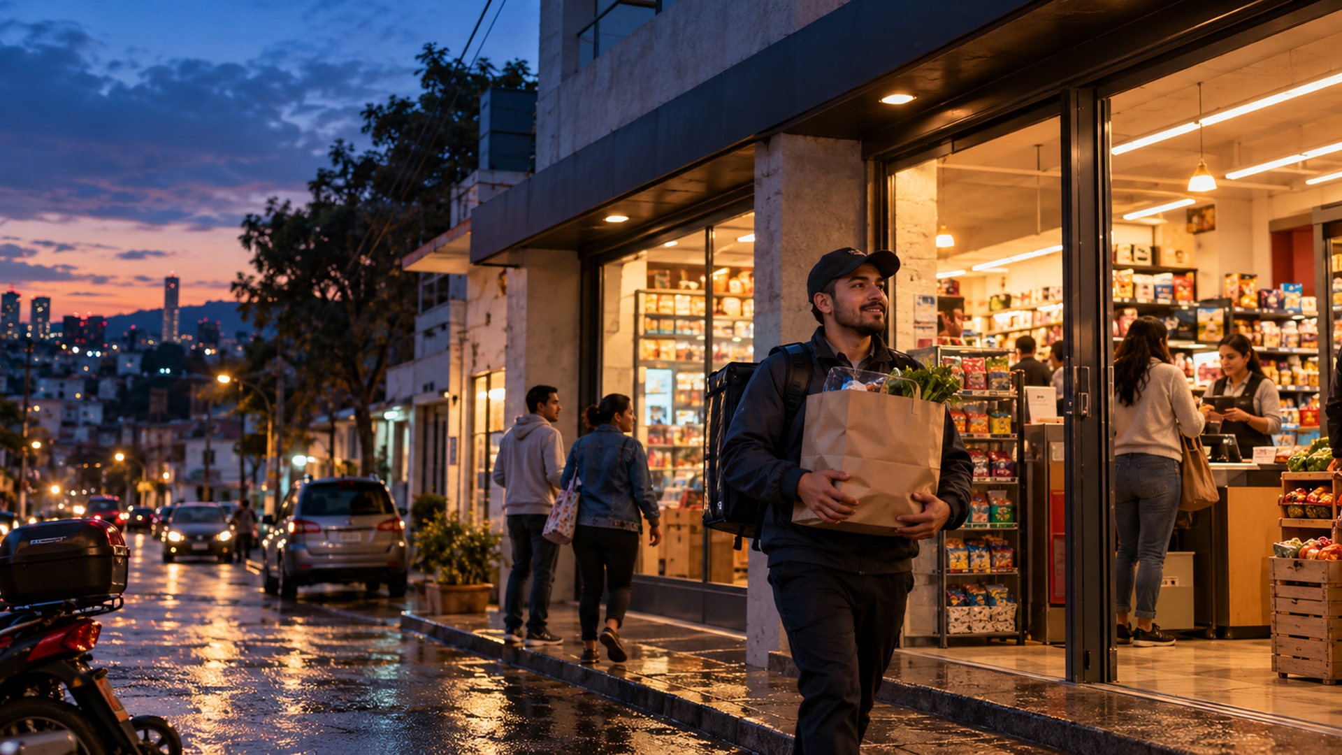 Delivery rider leaves an unbranded neighborhood convenience store in Mexico at dusk carrying a prepared eCommerce order.