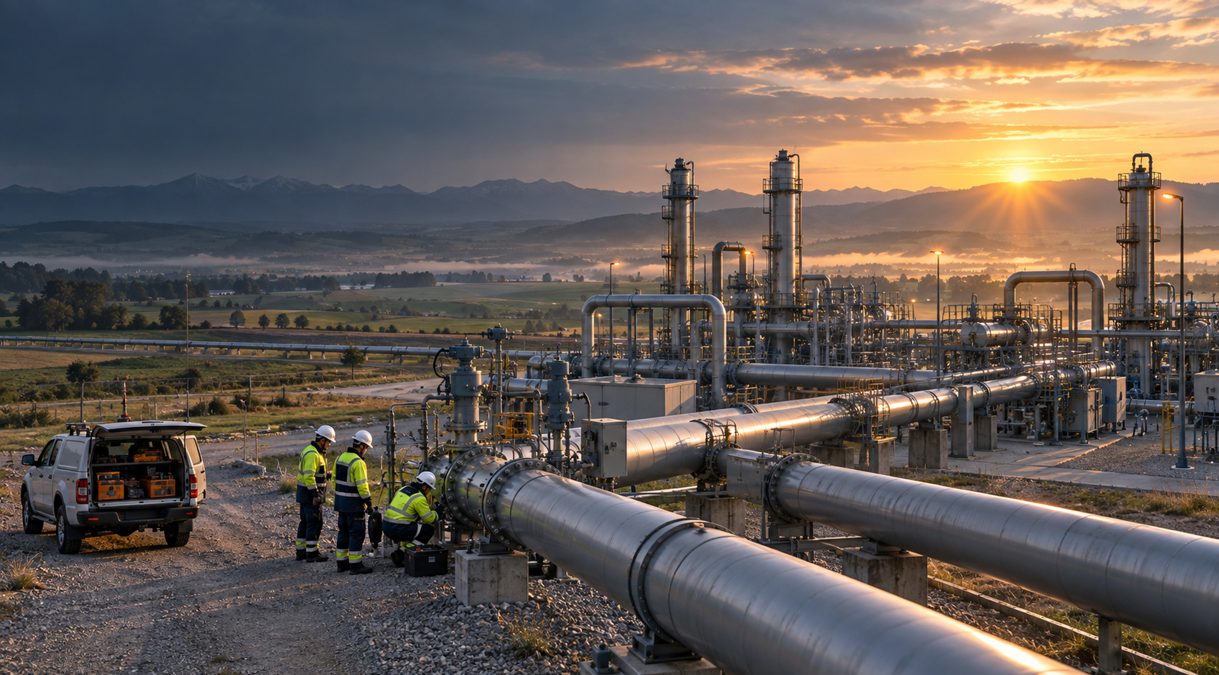 Maintenance crew at a gas transmission compressor station with pipelines extending across a wide landscape at sunrise.