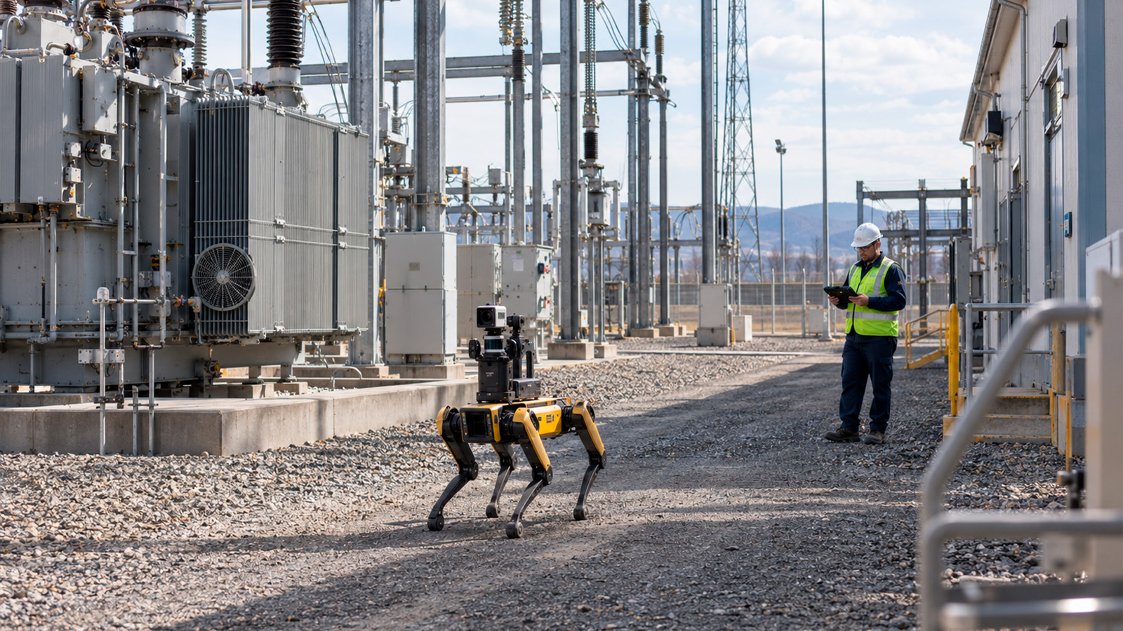Quadruped inspection robot carrying out a routine patrol at a high-voltage energy facility while an engineer observes from a safe distance.
