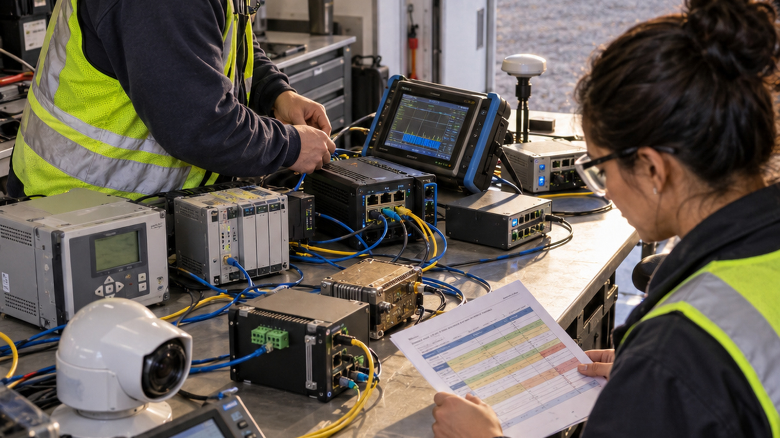 Utility engineers testing industrial network and protection equipment in a controlled commissioning workspace beside a digital substation.