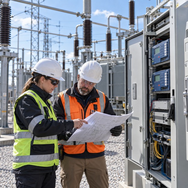 Cybersecurity specialist and substation engineer review an asset map beside protection and communications equipment in a high-voltage substation.