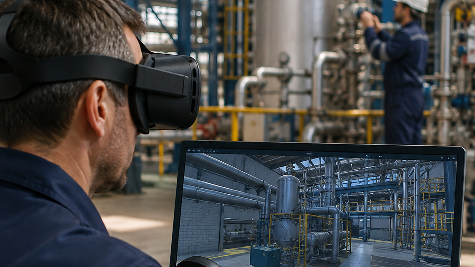 Engineer using a mixed-reality headset to explore a detailed industrial asset model while maintenance activity continues in the operating environment.