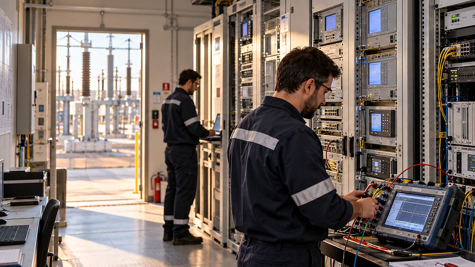 Transmission cybersecurity engineers test protection, communications and monitoring equipment inside a substation control room while the live switchyard remains visible through the doorway.