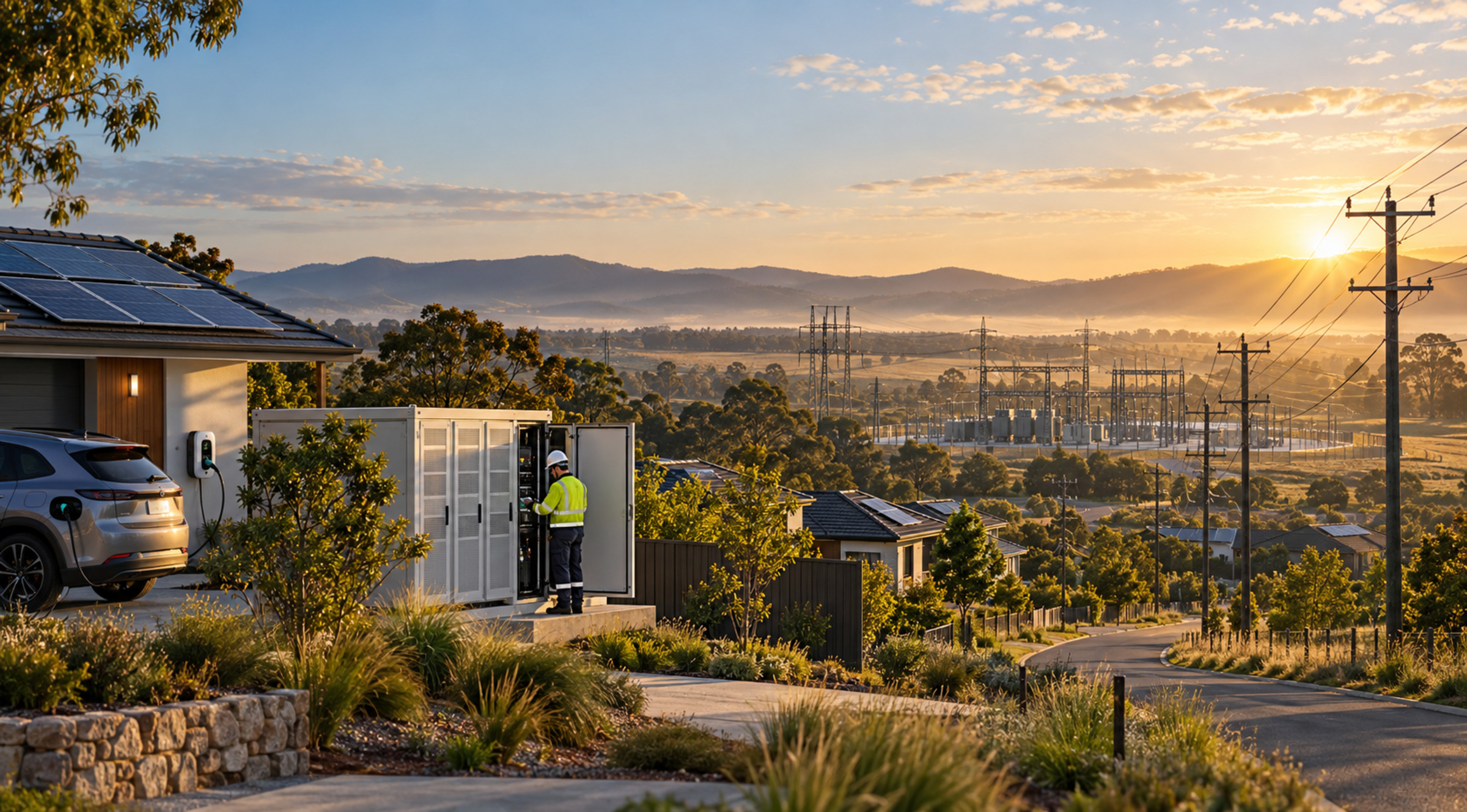 Solar-powered homes, electric vehicles and a community battery connected to the local distribution grid as a utility engineer inspects equipment