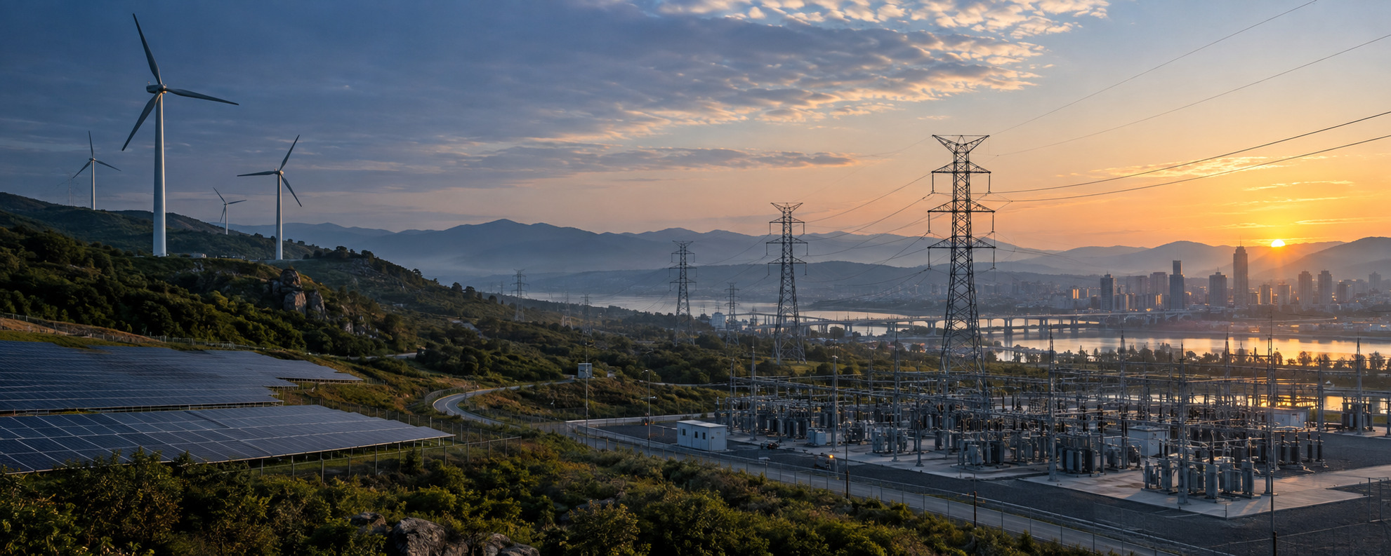 Wide aerial view of a modern electricity transmission network linking renewable generation, a substation and an urban service area at first light.