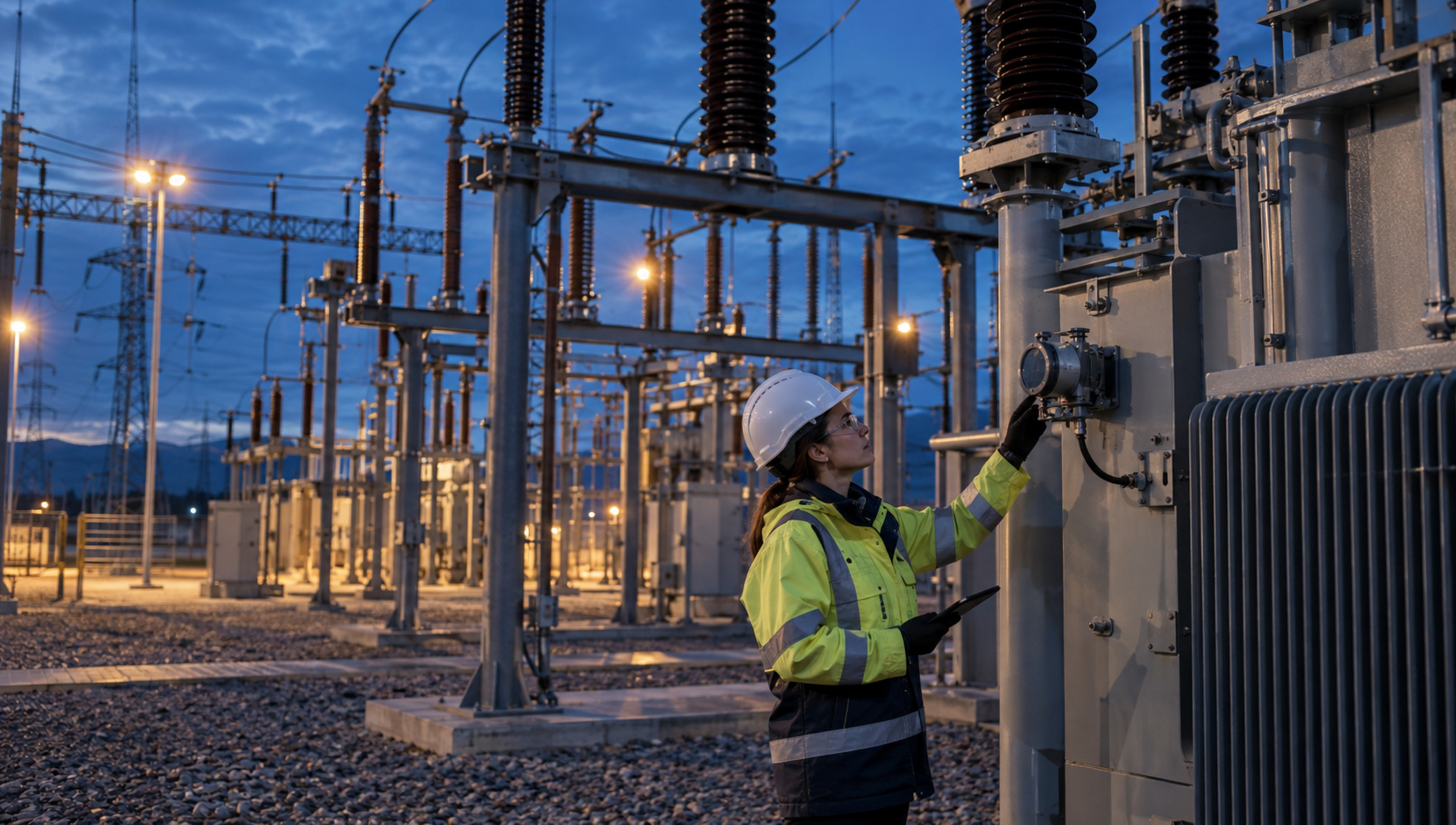 Utility engineer inspecting precision sensing equipment on a high-voltage transformer in an electrical substation at blue hour.