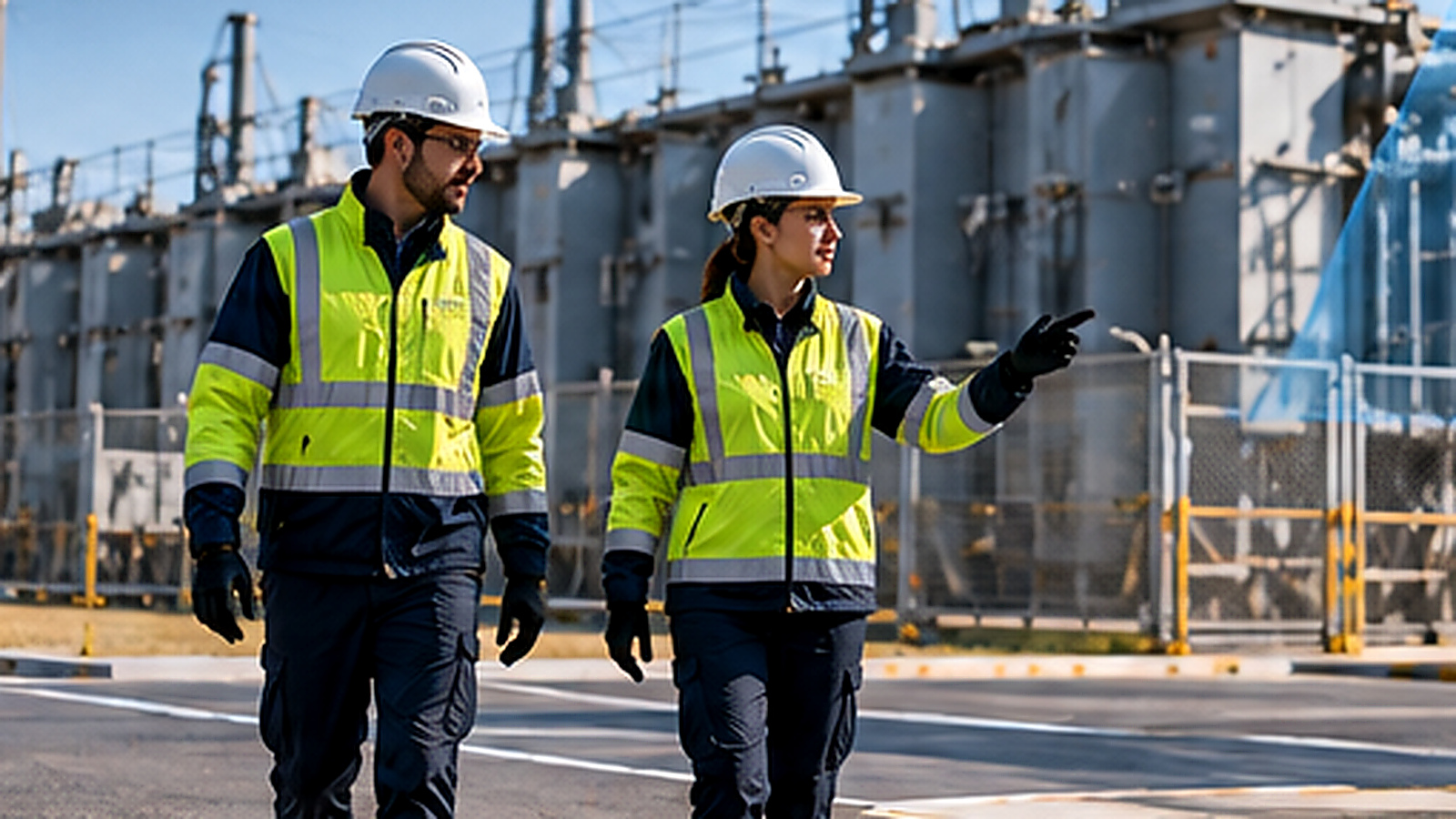 Two energy-sector technicians walk through an electrical operating yard with fixed monitoring hardware integrated into the facility.