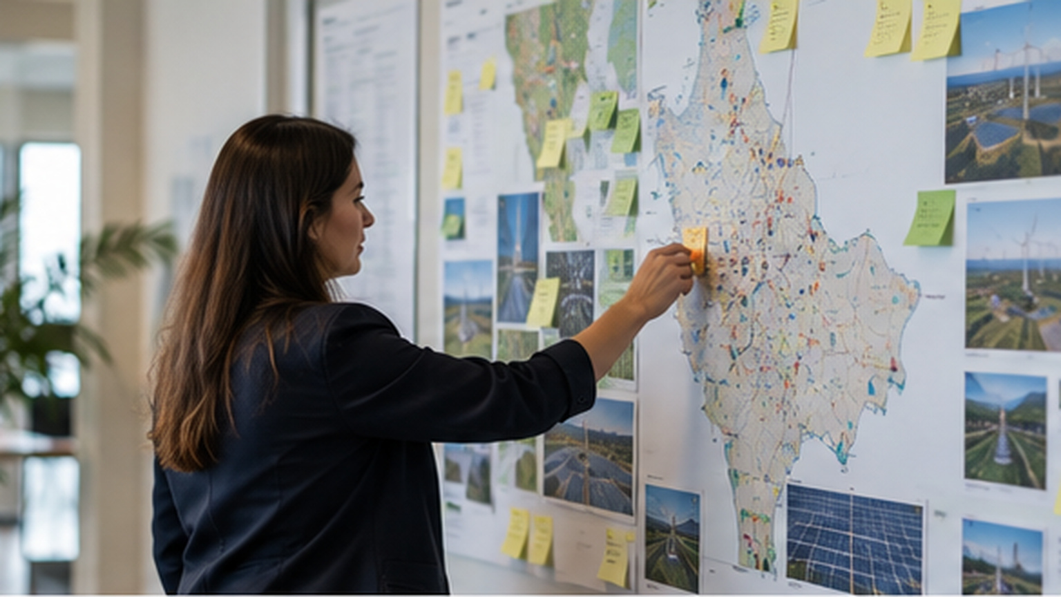 Renewable production strategist organizing site maps, asset photographs and planning notes on a large physical wall during a systems transformation assessment.