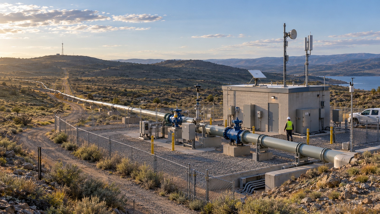 Remote gas pipeline station in a dry hilly landscape, with valves, telemetry equipment, service access and a field technician inspecting the site.
