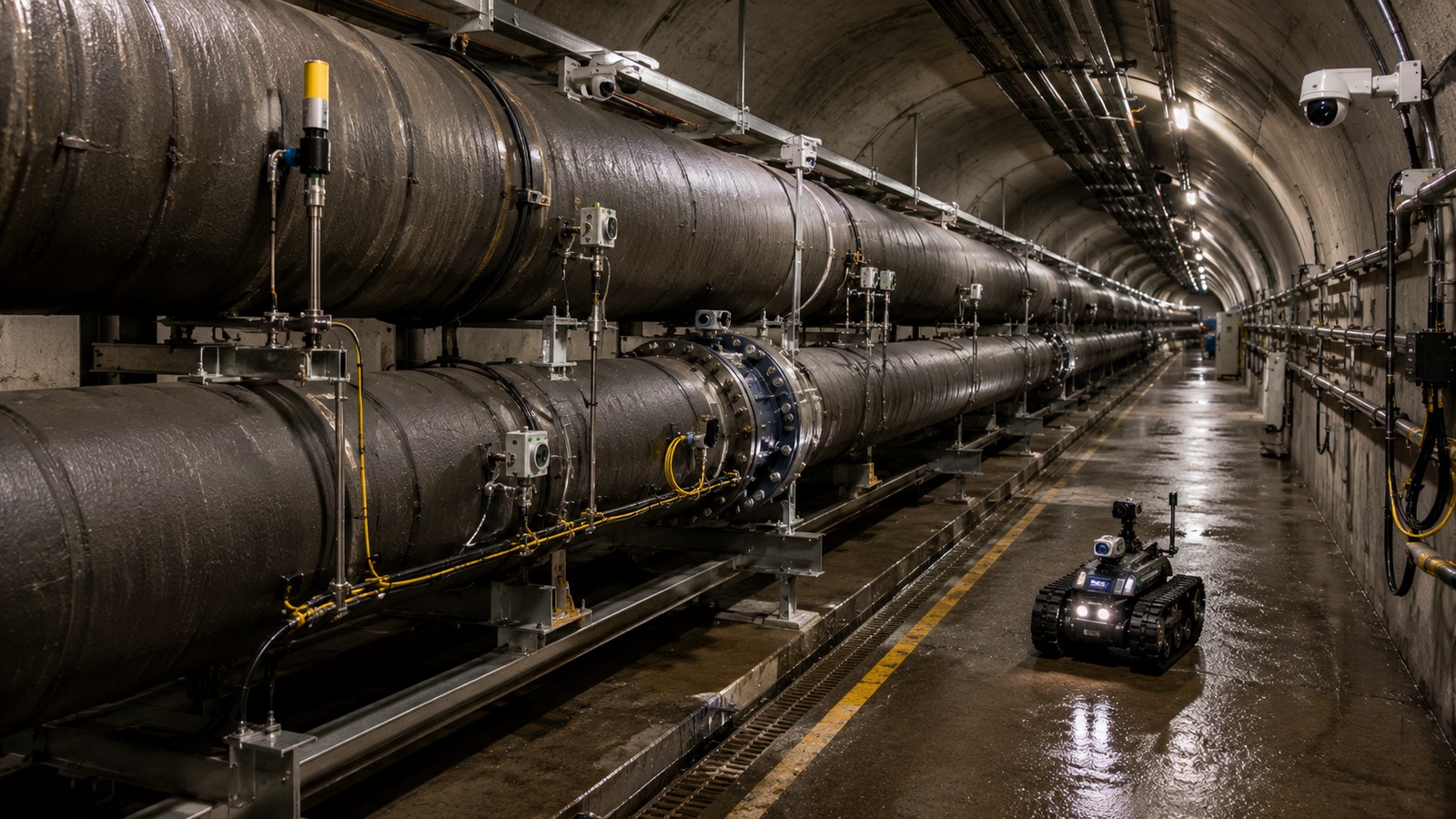 Tracked inspection robot traveling through an underground energy-facility tunnel lined with large pipes, sensors and service infrastructure.