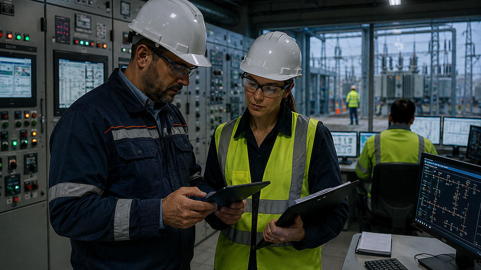 Grid operations specialists review a digital authorization sequence inside a substation control room while field activity continues in the switchyard outside.