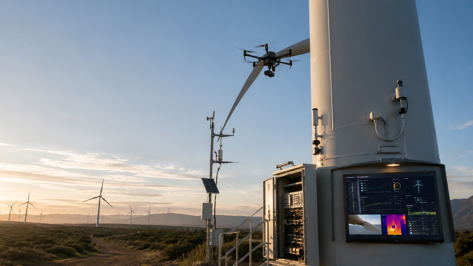 Industrial UAV inspecting a wind turbine at close range in an onshore wind farm, with field monitoring equipment at the turbine base.