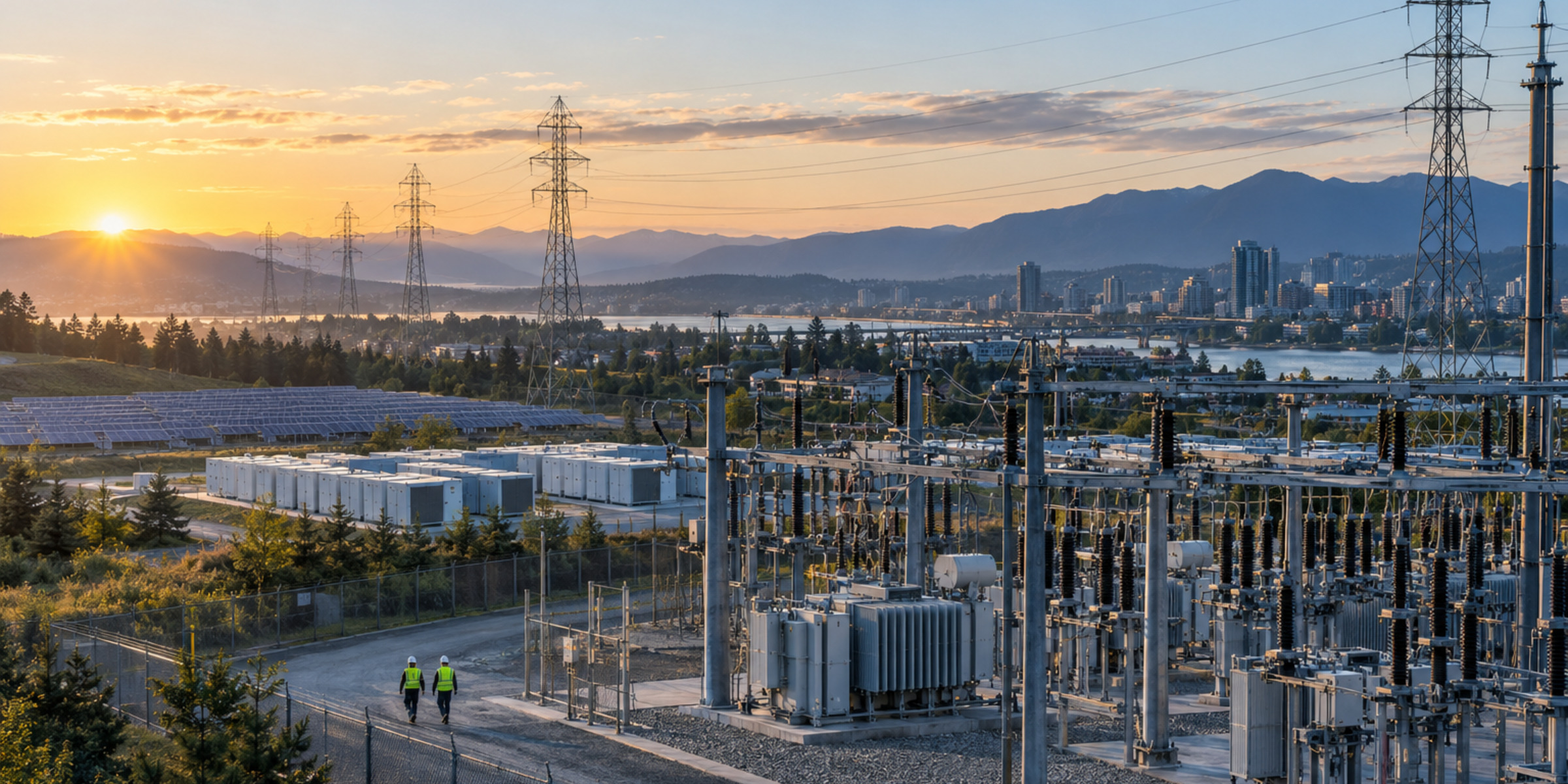 Field professionals walk through an electrical substation connected to transmission lines, solar generation and battery storage near a city.