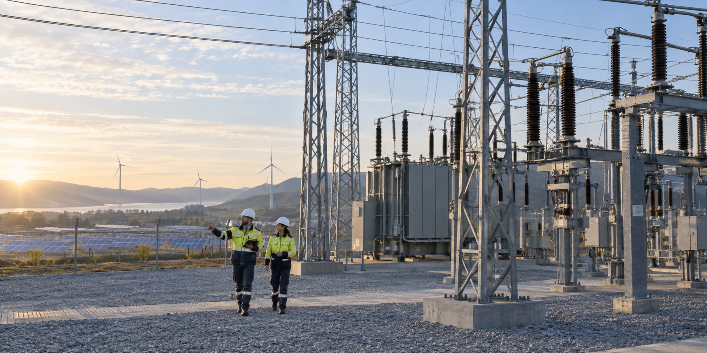 Utility engineers walk through an electrical substation with solar panels, wind turbines and transmission infrastructure in the surrounding landscape.