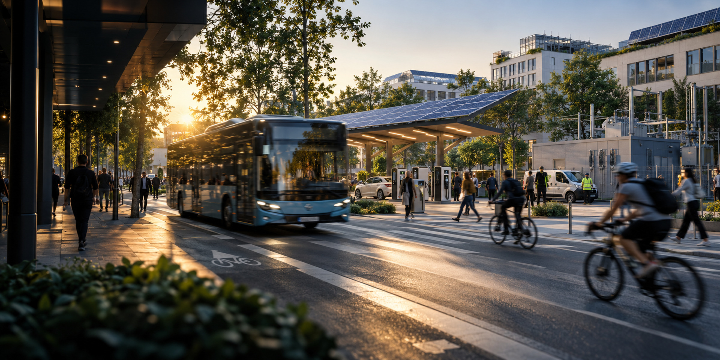 An electric city bus, cyclists and pedestrians move through an urban charging hub with solar canopies and integrated grid infrastructure.