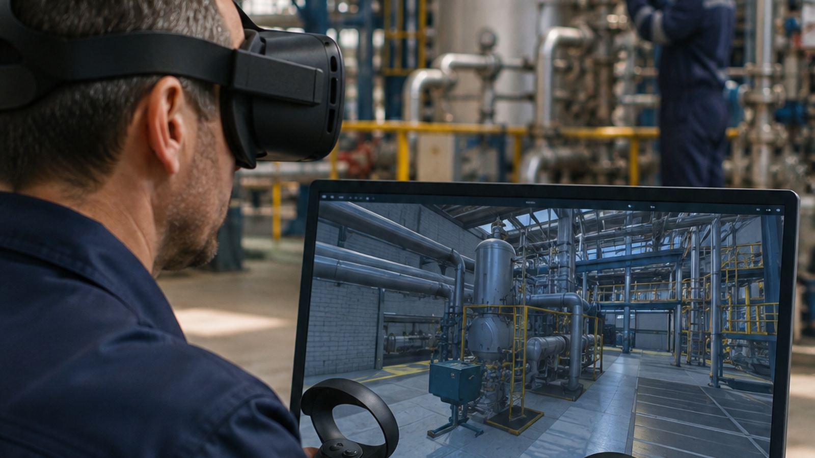 Technician using a virtual reality headset and controllers in an industrial training environment while a simulated plant scene is displayed on a monitor.