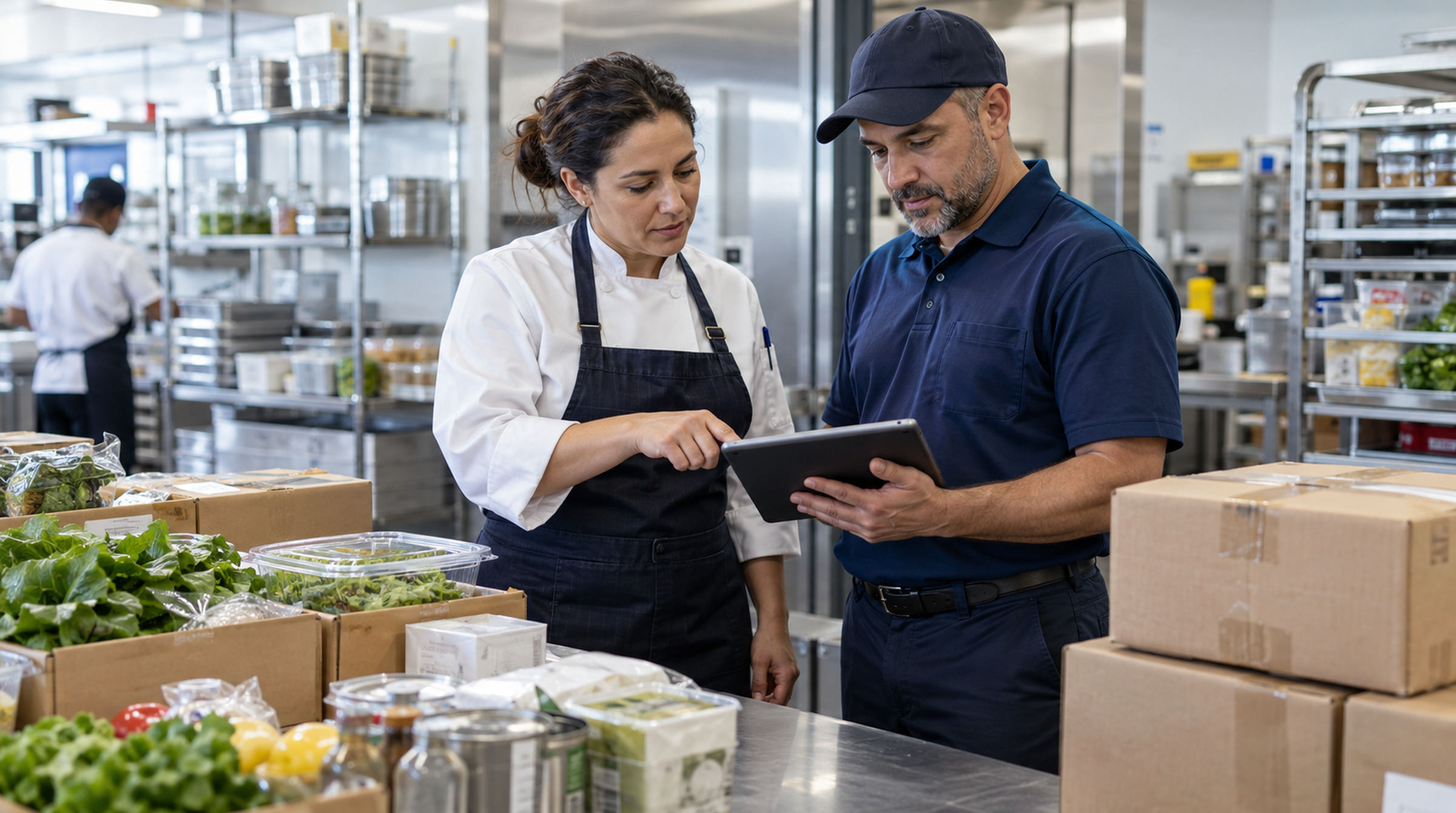A catering manager and supplier representative confirm a delivery together beside organized foodservice supplies, reflecting shared information and smoother coordination.