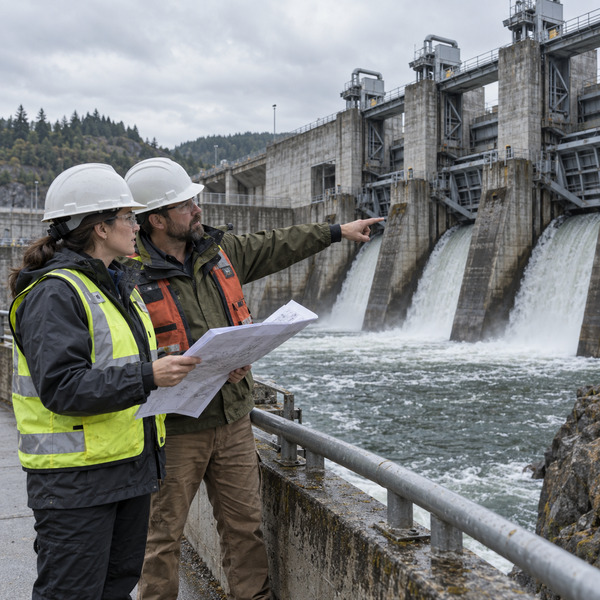 Utility technicians and an autonomous inspection robot assessing transformer equipment inside a high-voltage substation.