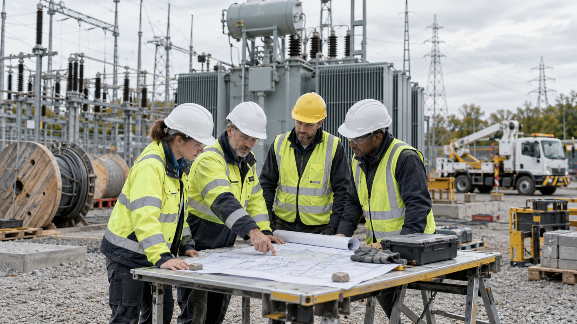 Utility engineers review a printed network plan beside transformer equipment and cable drums in an electricity substation maintenance area.