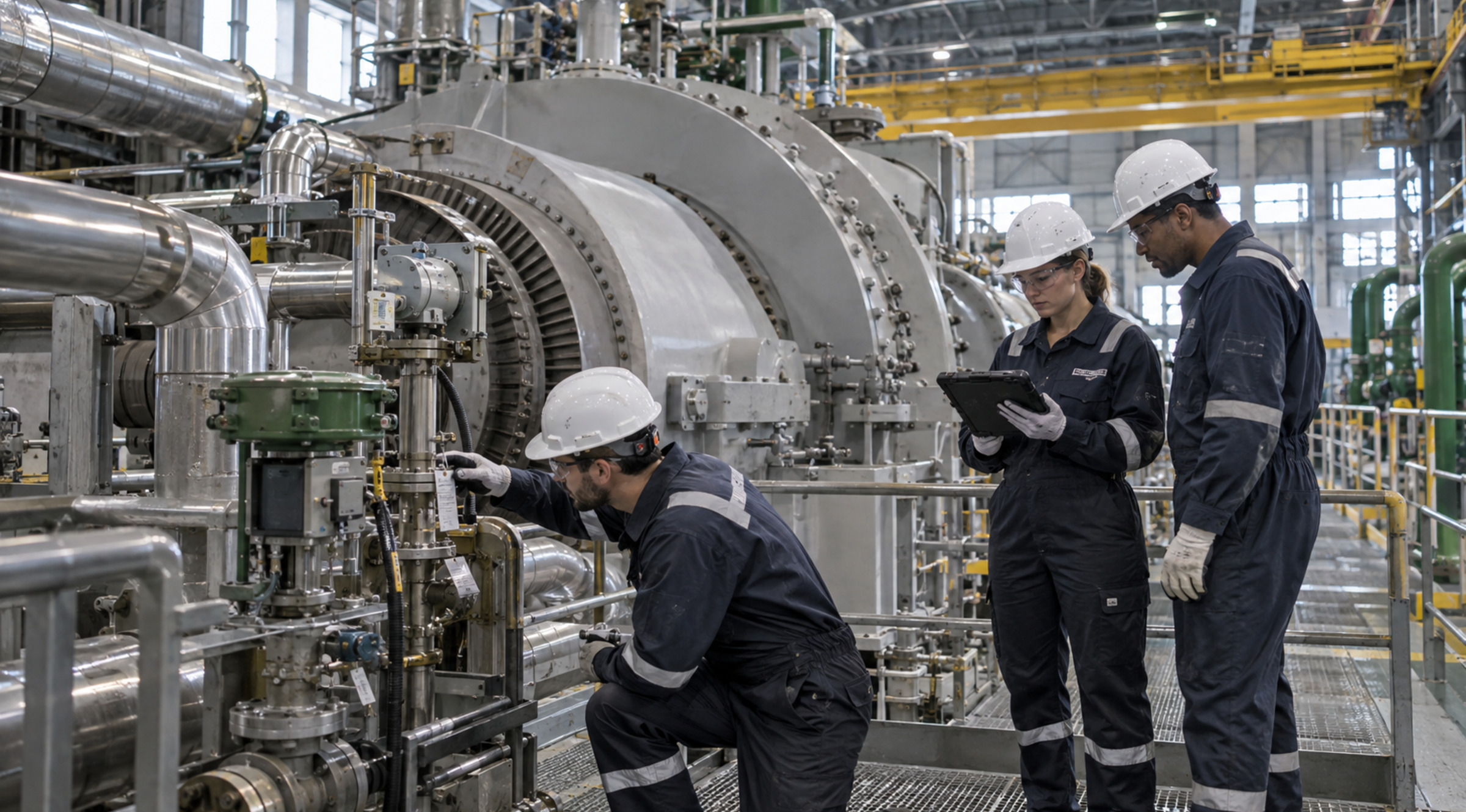 Two maintenance professionals walk through a large power generation campus with transformers, switchyard equipment and transmission lines at sunrise.