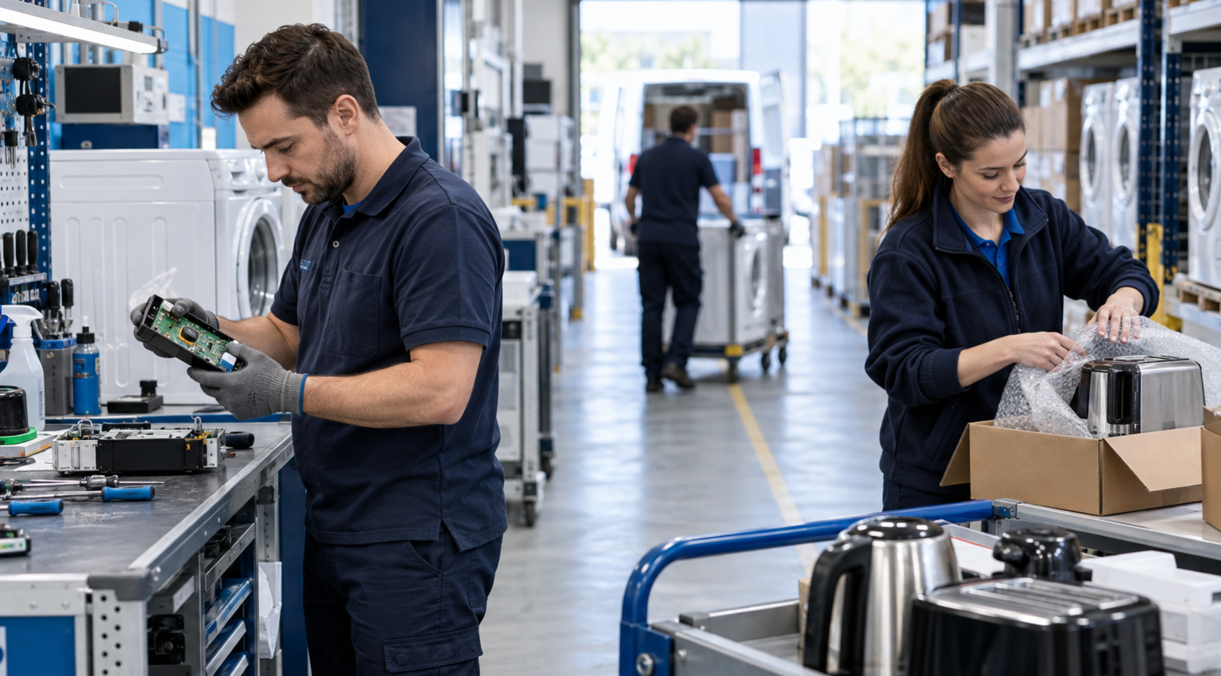 Technicians inspecting and preparing repaired household appliances in a coordinated workshop and dispatch flow.