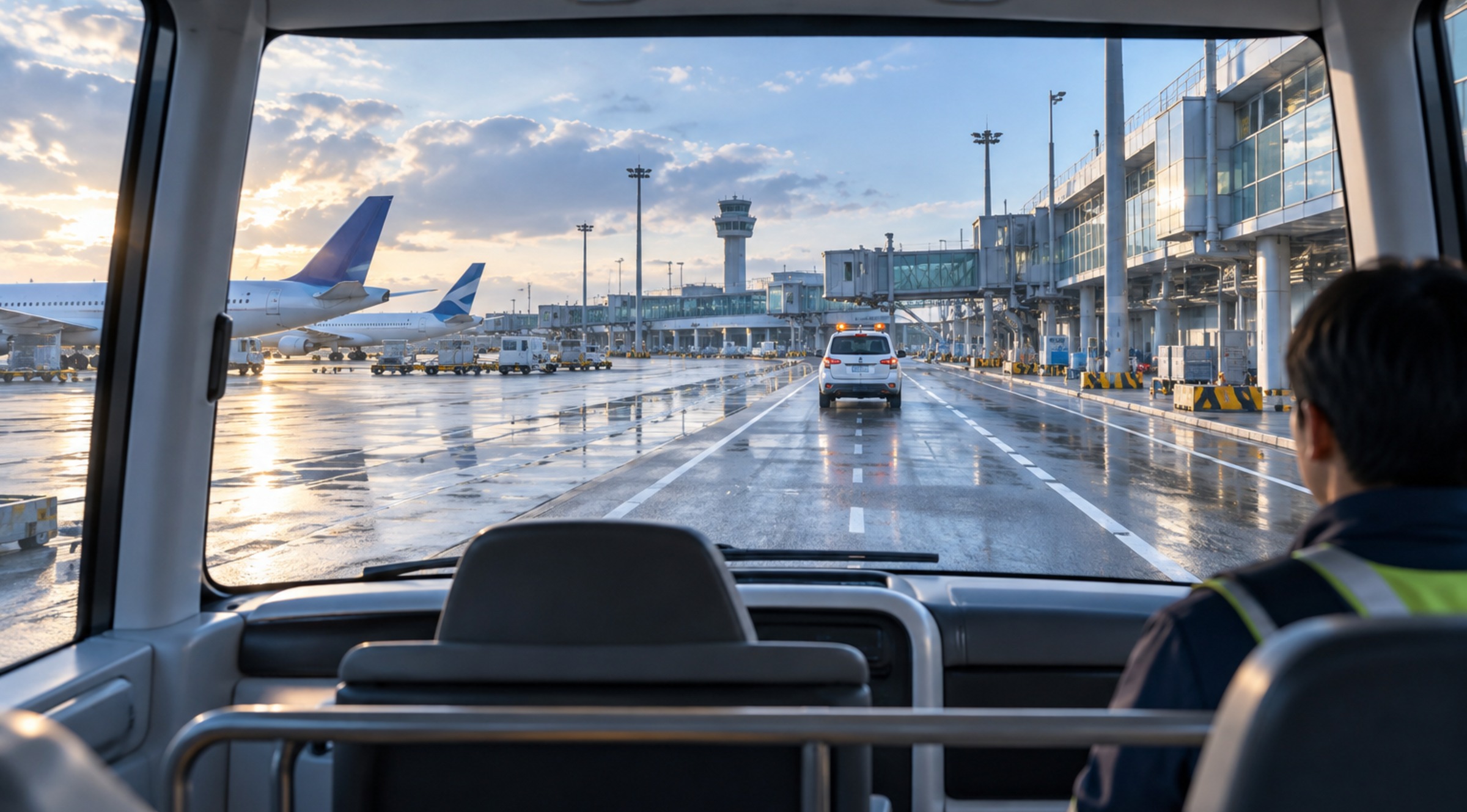 View from inside an autonomous airport shuttle following a wet service road between terminal buildings, with an airport vehicle ahead and aircraft in the distance.