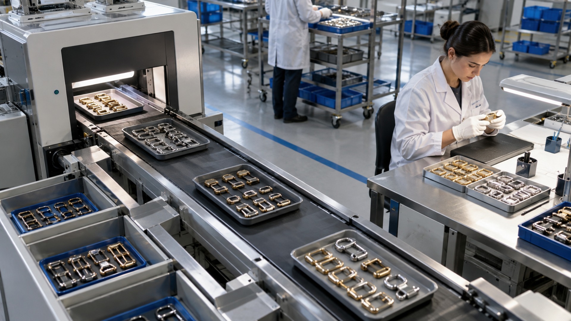 Organized trays of plated fashion hardware moving through an inline inspection station while a quality engineer checks a sample component.